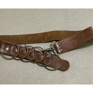 Vintage Women's Brown Leather Brass Ring Belt Size M 90s Y2K Western Boho Hoops